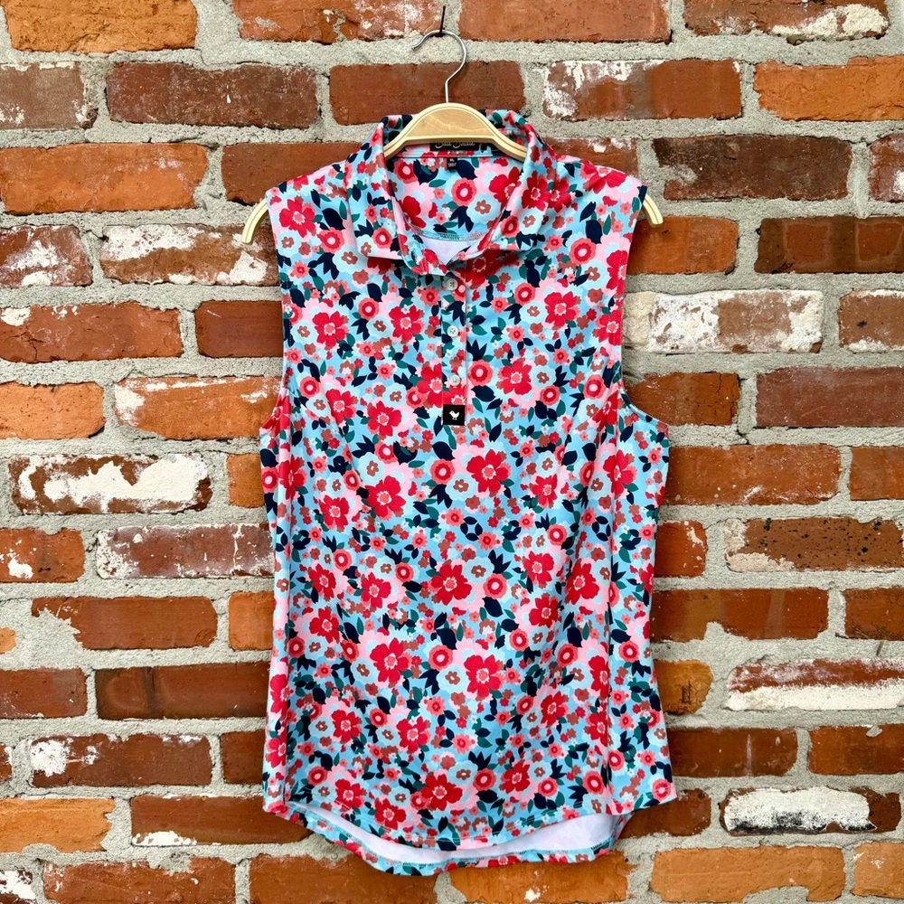 Bad Birdie Sleeveless Floral Polo in Light Blue, Red & Black
